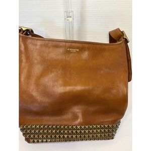 Coach Authenticated Tan Leather Studded Hobo Shoulder Bag Brown Brass Studs